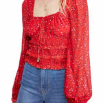 Free People Lolita Smocked Red Floral Long Sleeve Cropped Top Sz XS Photo 0