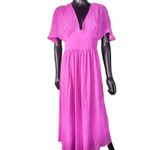 Japna  Pink Crinkle Flutter‎ Sleeve Maxi Dress V-Neck Flowy Bohemian Summer Photo 2