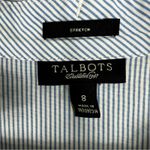 Talbots  Button Down Top Womens 8 Blue Striped Cotton Ruffle V-Neck Coastal Work Photo 4
