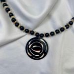 Early 2000's Geometric Black Cream Beaded Swirl Pendant Necklace Photo 1