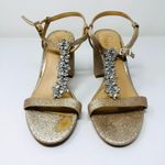 JEWEL BADGLEY MISCHKA gold glitter and CZ ankle wrap block sandals, size 6 Photo 2