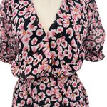 Karina Grimaldi Black Pink Floral Print Silk Surplice Neck Mini Dress XS Photo 2