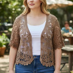 Nina Leonard  Crochet Cardigan Brown 2X Open Weave Short Sleeve Button Front Photo 0