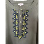 Pink Lily  Women's Embroidered Henley Flowy Boho Blouse Olive Green Size Small Photo 5
