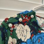 ZARA Green Blue White Preppy Floral Bell Sleeve Modest High Neck Blouse Size S Photo 2