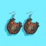 Western bullhead flower pattern wooden drop‎ earrings Brown Photo 5