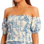 Gianni Bini Ivory/Blue French Toile Print Off Shoulder Blouse Size Extra Small Photo 15
