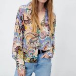 ZARA  PAISLEY PRINT BOHO POET SOEEVE SEMI SHEER LONG SLEEVE BUTTON DOWN SHIRT XL Photo 1