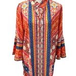 Umgee  Orange Multicolor Bohemian Peasant Bell Sleeves Mini Dress/Tunic Keyhole Photo 1