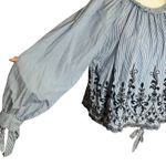 ZARA Trafaluc Blue Striped Eyelet Embroidered Top Long Tie Balloon Sleeve Sz M Photo 6