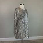 AQUA Silver Sequined Long Sleeve Mini Shift Cocktail Dress Size 12 Boat Neck by  Photo 1