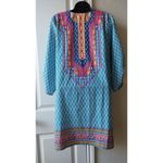 Urban Coco  Womens Dress Sz Large Blue Green Geometric Ruched Sleeves Peasant Photo 3