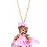 Betsey Johnson Cheerleader Necklace Gold Tone Pink Bear Crystal Pom Poms Movable Photo 2