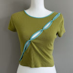 Wild Fable Woman’s Top Tee Sz M Lime Green Cut Outs Light Blue Trim Crop Ribbed Photo 0