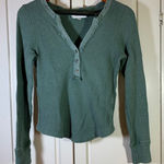 Pink Rose Long Sleeve Waffle Knit Henley Top Green Size Small Distressed V-Neck Photo 0