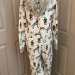 Holiday Time  dog print Christmas one piece zip up pajamas fur trim hood. Size M. Photo 4