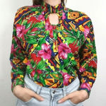 Vintage Bright Tropical Floral Tribal Print Shirt Pink Photo 0