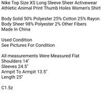 Nike  Top Size XS Long Sleeve Sheer Activewear Athletic Animal Print Thumb Holes Women's Shirt Photo 6