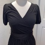 Loft Black Midi Dress Pleated Skirt w/ Belt Sz 2 Polyester Stretch V-neck Photo 1