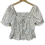 Paper Crane  Women Babydoll Top M Floral Puff‎ Sleeve Smock Crop Tie Ruffle White Photo 0
