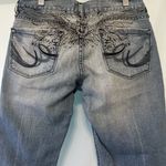 EXPRESS Vintage Eva Blue Flare Jeans with Black Floral Embellished Goth Photo 5