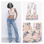 ZARA NWT Women's Floral Halter Ruched Corsetry-Inspired Crop Top Pink Size XS Photo 1