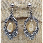Vintage Silver Tone Drop Dangle Faux Pearl & Floral Hoop Earrings Clip On 1.75" Photo 1