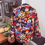 Bright Floral Quilted Jacket Fleece Lined Ruffle Velvet Trim Raglan Sleeve M Pink Size M Photo 1