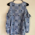 Crown & Ivy  Blue White Cold Shoulder Round Neck Diamond Print Top Size Medium Photo 5