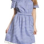 Eliza J Blue White Stripe Tassel Off The Shoulder Dress Photo 0