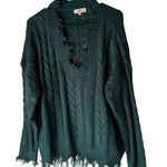 Entro ‎ Womens M Green Cable Knit V Neck Distressed Fringe Sweater Boho Western Photo 0