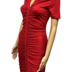 Red Ruched Bodycon Full Button Front Short Sleeve Mini Dress Womens Small Photo 0