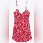 ZARA  Women’s Pink Red Floral Ruched Bodycon‎ Mini Dress Size Med Photo 3