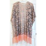 Kollie More Lace Kimono‎ One Size Gray Pink Floral Open Front Cardigan Photo 3
