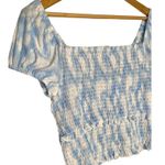 Lush Clothing New Lush Womens Size Large Cropped Top Smocked Cap Puff Sleeve White Blue Swirl Photo 2