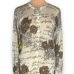 Vintage 90s Cardigan Sweater Fitted Knit Oatmeal Gold Metallic Dark Floral Size L Photo 1