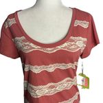 Down East Lace Striped T Shirt Top M Dusty Pink Short Sleeve Scoop Neck NEW Photo 1