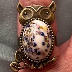Owl Finger Ring 1” H Size 6 To 7 Adjustable Stone White Blue Yellow Pink Print Gold Photo 0