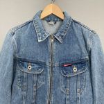 Vintage Jean Jacket Cropped Women Medium Wash Zipper Front Trucker Cotton Denim Blue Photo 3