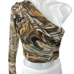 ZARA Multicolor Marble Print Tulle One Shoulder Long Sleeve Crop Blouse Top Sz S Photo 2