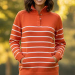 IZOD Orange & White Striped Cotton Mock Turtleneck Snap-Button Sweater Sz Medium Photo 0