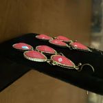 Pink coral and beige yellow color cabochon dangle earrings. Photo 2