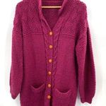 Chunky Knit Fisherman Cardigan Sweater XLP Pink Wool Mohair Wood Button Pockets Size undefined Photo 0