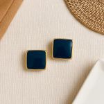 Vintage 80s M.Jent Gold & Navy Enamel Square Fashion Clip Photo 14