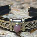 Silver and Black Leather Bracelet with Pink Stone Photo 0