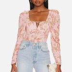 Free People Hilary Printed Top Womens M Pink Floral Ruched Puff Sleeve Smocked Photo 0