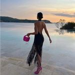 ZARA dress midi black halter neck linen fringed fringes boho Photo 4