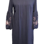 Loft  Navy Blue Embroidered Floral Bell Sleeve Knee Length Dress Size Medium Photo 0