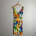 Ralph Lauren Lauren Ruched Floral Faux Wrap Mini Dress Womens 2 Artsy Watercolor Photo 2