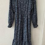 Blue Red Ditsy Floral V Neck Smocked Waist Ruffle Elastic Cuff Midi Dress Photo 7